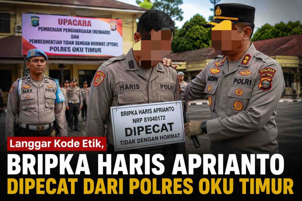 Ilustrasi gambar Polres OKU Timur memecat Bripka Haris Aprianto melalui mekanisme Pemberhentian Tidak Dengan Hormat (PTDH) setelah anggota tersebut terbukti melakukan pelanggaran berat terhadap kode etik profesi Polri. (Dok. Umbaran)